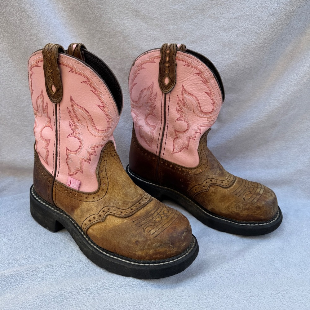Justin Gypsy Boots Womens 6.5 Brown Pink Leather Steel Toe Western Work WKL9981